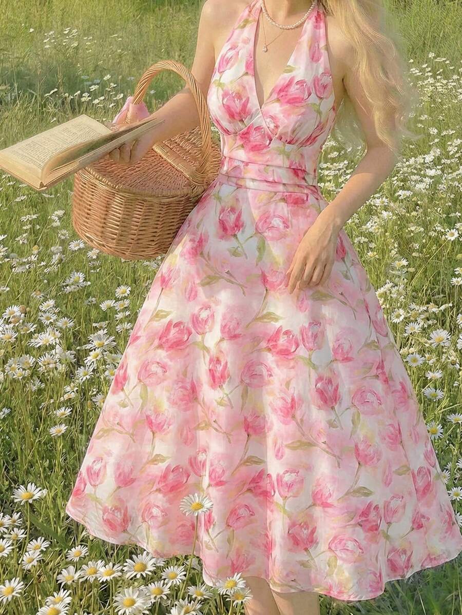 SHEIN Tween Girl Ditsy Floral Sleeveless Midi Dress - Pink - View 1