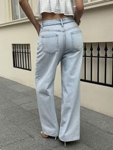 DAZY Women's Solid Color Slant Pocket Drawstring Waist Casual Jeans, Daily Light Blue, Summer Style - Blue - View 2