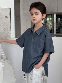 DAZY Tween Boy Boys' Denim Collared Short Sleeve Top Summer - Dark Wash - View 4