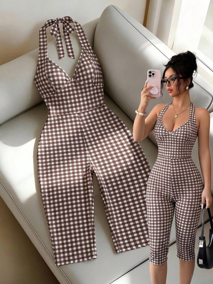 Selianne Women's Black And White Plaid Halter Jumpsuit,Slim Fit Shaping, Outdoor & Commute Summer Vintage Holiday Vacation Holiday,Casual All Seasons - Multicolor - View 1