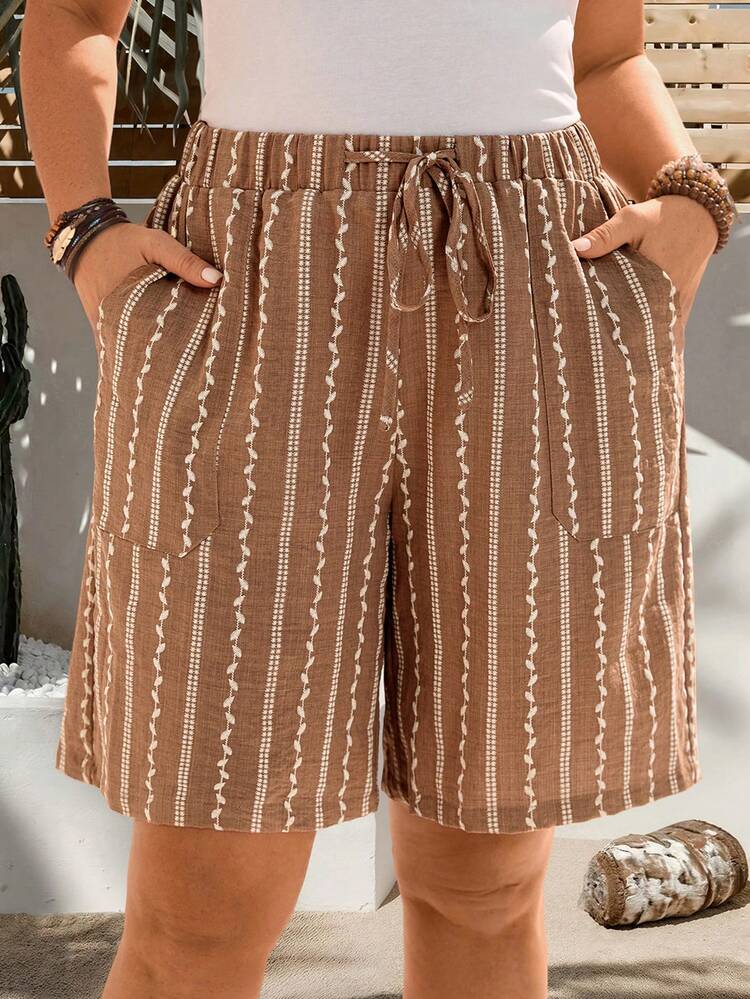 Plus Size Women's Summer Casual Vacation Country   Striped Drawstring Waist Casual Versatile Daily Wear Shorts,Casual Holiday Style,Summer Outfits For Women ,Vacation Outfits Women ,Holiday Outfits For Women,Going Out Outfits, New Clothes,Simple And Fashionable For Everyday Wear,Suitable For Summer, Vacation, Daily Wear, Festival Outfits For Women,Country Concert Outfit,Beach Outfits For Women,Western Style,,Gifts For Mother,Boho  Shorts