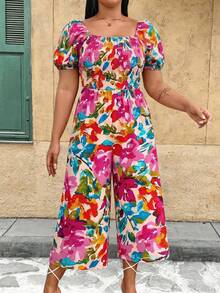 Ceyna Plus Size Floral Print Jumpsuit, Casual Holiday Style - Hot Pink - View 4