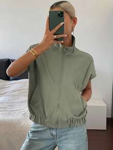 DAZY 女款翻領無袖短版街頭休閒背心式薄外套 夏季 - 綠色 - 查看 3