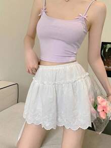 DAZY Damen einfarbiger Volant-Saum Ausschnitt-Stickerei Casual Rock - Weiss - Übersicht 3