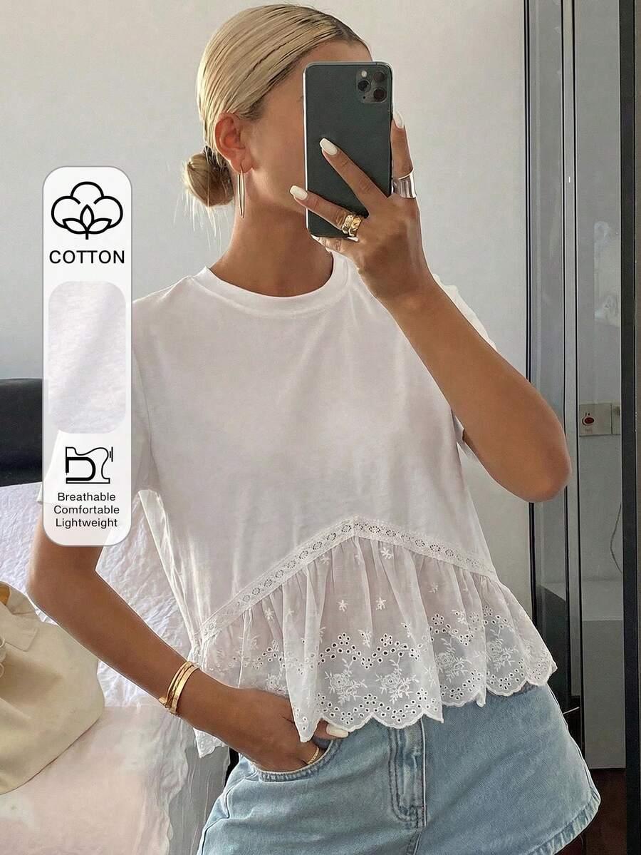 DAZY Women's Solid Color Crew Neck Short Sleeve Lace Patchwork Casual Summer Top - White - View 1