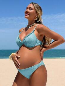 SHEIN 26SS 夏季海灘度假黃色花卉紋理面料孕婦泳裝套裝 2026 新款女裝泳衣上市，適合學校、假期、約會、下午茶、西式、郵輪、海灘、島嶼、公路旅行、四季、音樂節、波西米亞度假、波西米亞風度假、悠閒秋季、西式波西米亞、優雅女上衣 - 藍色 - 查看 3