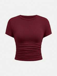 SHEIN Girlism Tween Girl Casual Fitted Light Blue Ruched Crew Neck Top And Ruched Flare Pants Set - Burgundy - View 5