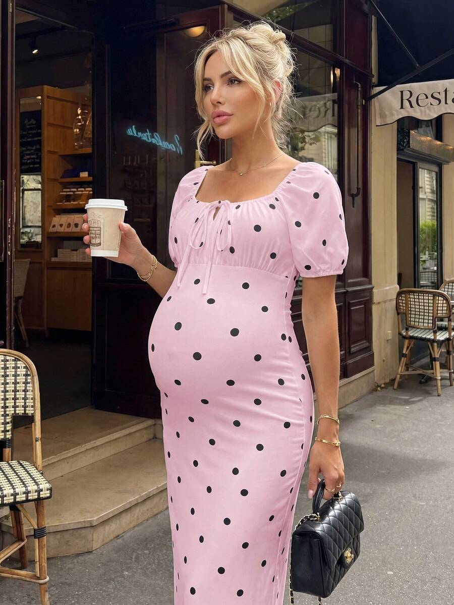 MaterniWear Đầm bầu in chấm bi, thắt nơ phía trước, tay ngắn kiểu cánh hoa. - Hồng - Xem 1