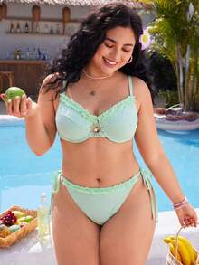 Swim Mod Plus Size Women Summer Beach Metal Decor Casual Bikini & Triangle Bottom Two-Piece Swimsuit Set - Mint Green - View 4