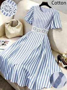 SHEIN LUNE Women's Elegant Summer Cotton Puff Sleeve Striped Round Neck Lace Patchwork Hollow Out Casual Dress - Blue and White - View 1