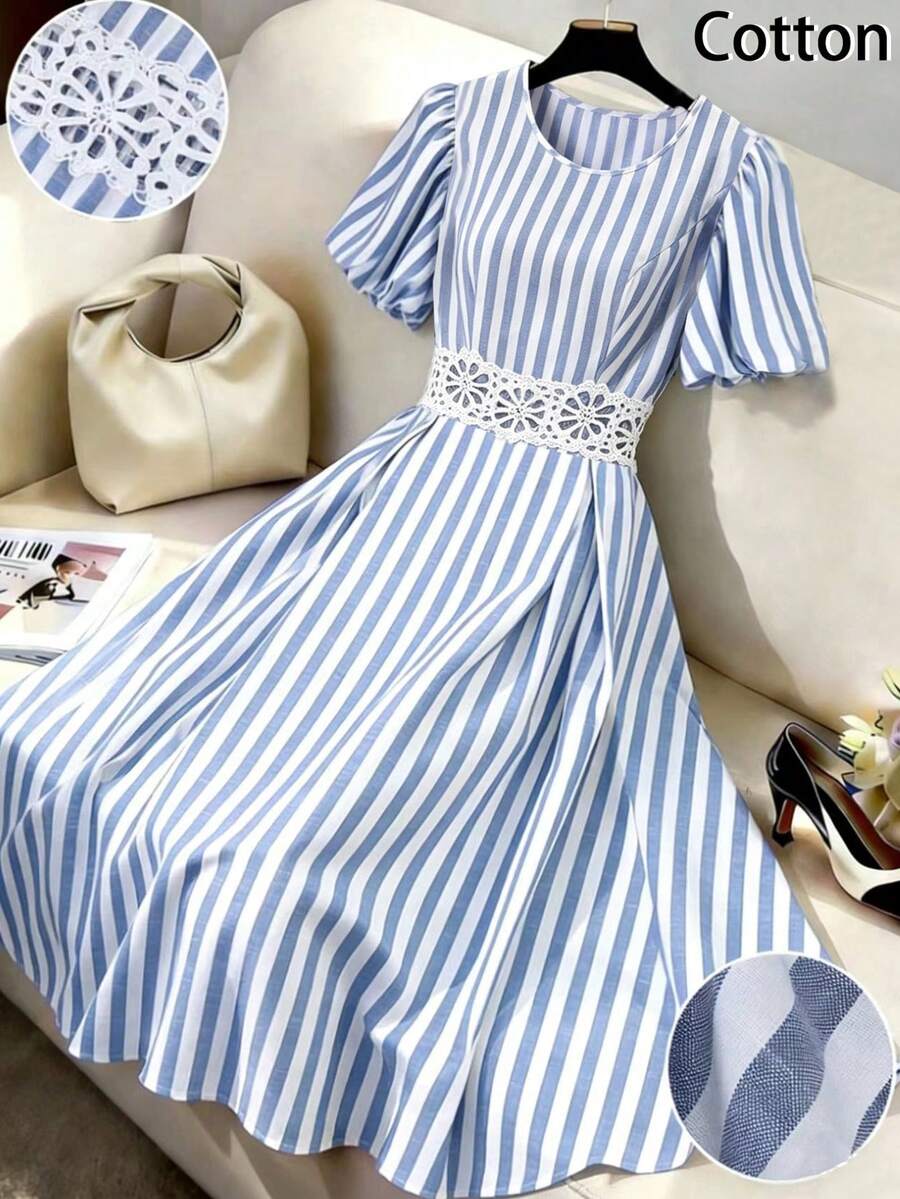 SHEIN LUNE Women's Elegant Summer Cotton Puff Sleeve Striped Round Neck Lace Patchwork Hollow Out Casual Dress - Blue and White - View 1
