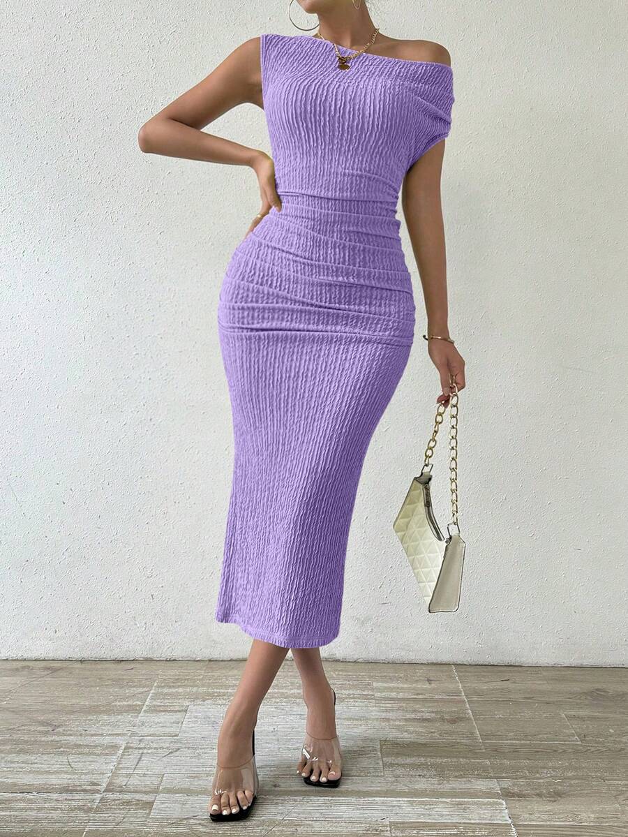 SHEIN Women'S Oblique Shoulder Ruffled Dress Maxi Women Outfit - Mauve Purple - View 1
