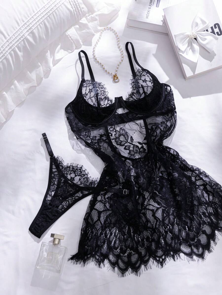Crystal Vow 2pcs Lace Underwire Sheer Sexy Nightgown Set - Black - View 1