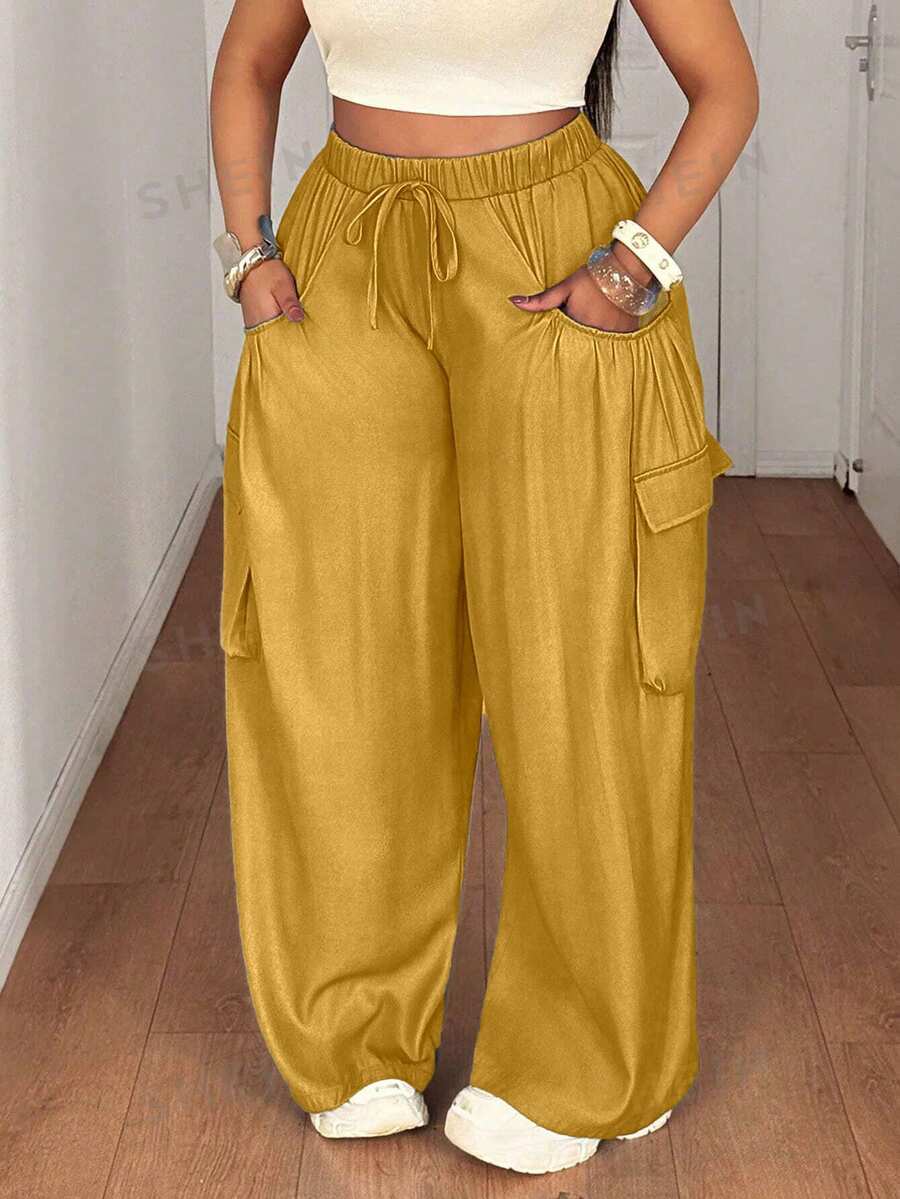 Maweii Pantalones anchos de mujer talla grande con bolsillo de carga y cordón en la cintura, de unicolor - Amarillo - Ver 1