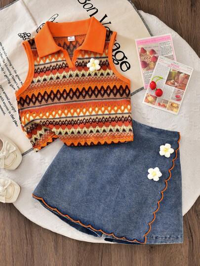 Vintage Tween Girls Colorblock Wavy Geometric Striped Collar Sleeveless Knit Vest & Denim Ruffled Hem Shorts Set, Soft & Comfortable, Loose Fit, Suitable For Birthday Party, Vacation, Children's Day, Graduation, Casual Wear, Cute & Playful 2-Piece Outfit