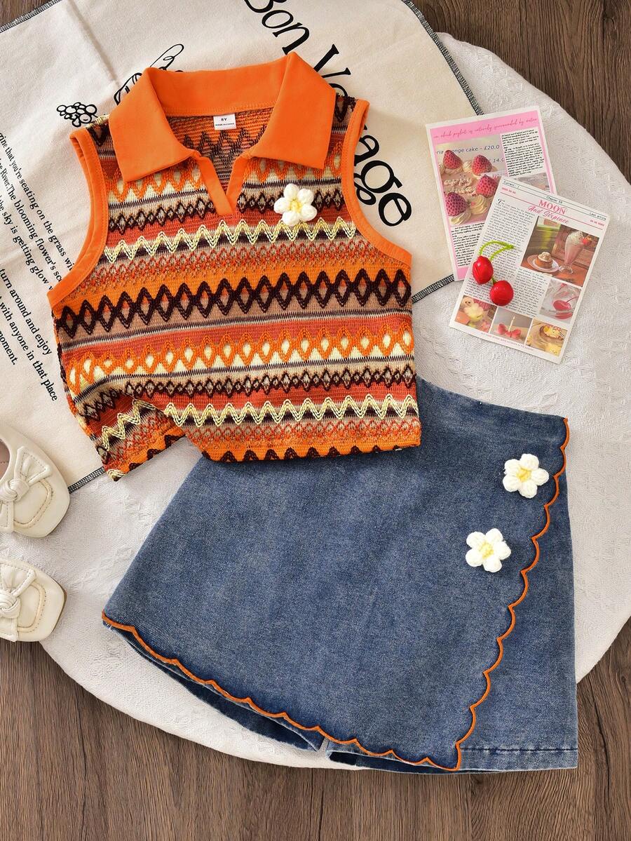 Burnt Orange Summer Cute School Back-To-School Tween Girls Vintage Colorblock Geometric Striped Vest & Denim Ruffled Hem Shorts 2-Piece Outfit Set - Orange - View 1