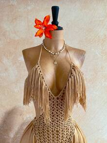 Soleia Mono de mujer con diseño calado, cuello halter y flecos para vacaciones - Caqui - Ver 8