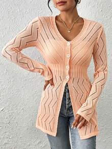 EMERY ROSE Áo khoác cardigan dệt kim mỏng cổ chữ V khoét lỗ dành cho nữ, thiết kế Hàn Quốc. - Màu Cam san hô - Xem 5