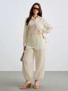 CielaLinda Women's Tencel Blouse And Balloon Pants 2 Pieces Casual Set - Apricot - View 6