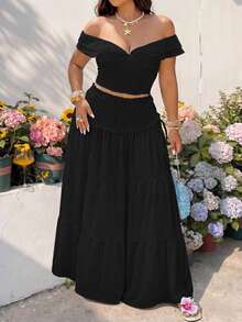 GalTyme Conjunto básico de 2 piezas en negro, adecuado para verano, casual, vacaciones, ir al trabajo, tallas grandes - Negro - Ver 1