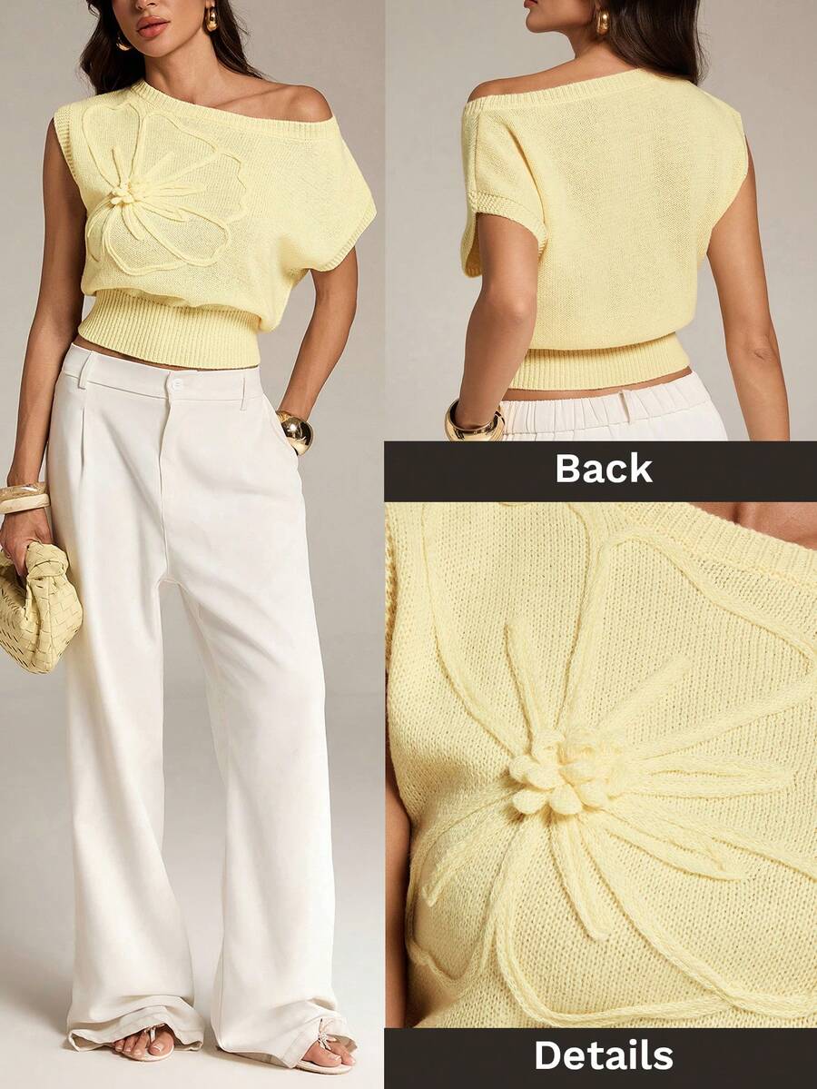 SHEIN Tall Áo dệt kim nữ màu trơn, kiểu dáng lệch vai, thích hợp cho kỳ nghỉ hè, nghỉ xuân, dự tiệc, đi biển, mùa xuân, ngày Valentine, kỳ nghỉ nhiệt đới, trang phục Bohemian, trang phục Ibiza, phong cách phương Tây. - Màu vàng - Xem 1