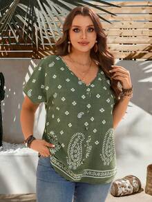 EMERY ROSE Blusa de manga corta con botones y estampado floral para mujer talla grande, estilo boho de verano para vacaciones y días festivos, estilo casual de campo y playa - Verde militar - Ver 11