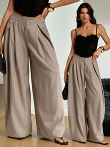SHEIN Tall Pantalones para mujer primavera/verano vintage casual hippie estilo calle y oficina, ropa casual occidental chic a rayas, cómodos, holgados, con bajo curvo y plisados, para mujeres altas - Albaricoque - Ver 1