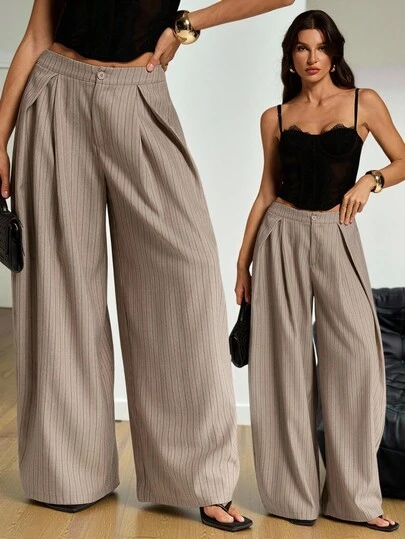SHEIN Tall Quần nữ mùa xuân/hè phong cách vintage, thường ngày, hippie, đường phố, công sở, phong cách miền Tây, thanh lịch, kẻ sọc, thoải mái, ống rộng, gấu cong, xếp ly.
