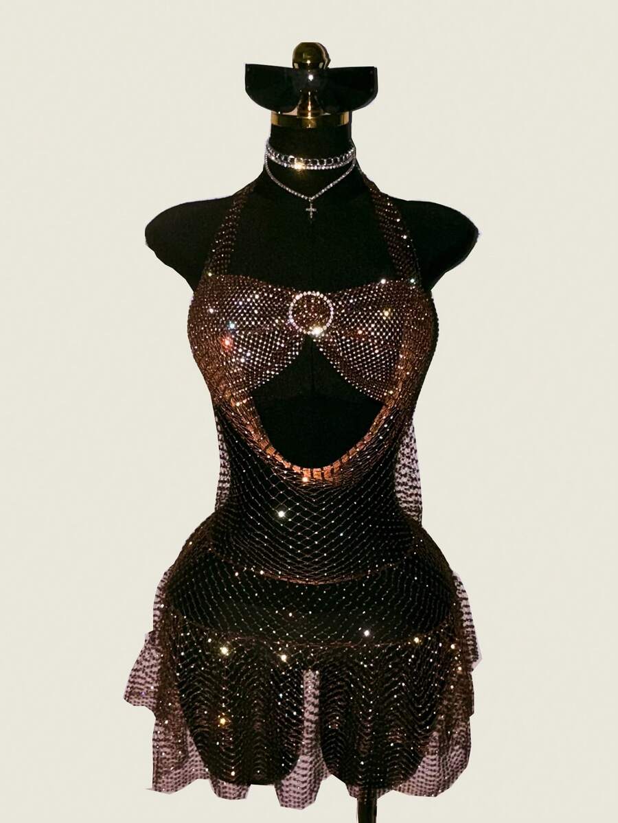 Jeanoix Women's Party Dress, Shiny Fishnet & Rhinestone Material, Suitable For Bar, Party, Club Outfit - Chocolate Brown - View 1