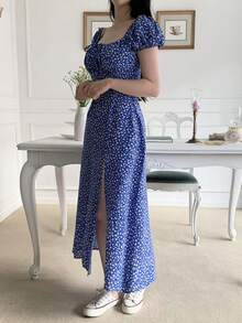 DAZY Women's Casual Ditsy Floral High Slit Mid-Length Dress, Summer - Baby Blue - View 4