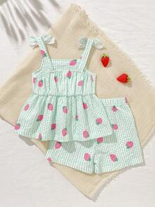 SHEIN Playful Pals 2件套女婴幼儿/新生儿0-3岁休闲日常可爱度假条纹蝴蝶结装饰吊带背心+短裤套装，春夏款 - 彩色 - 查看 2
