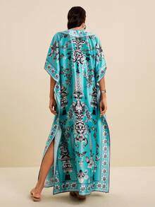 LOTSLUV Vestido de mujer con estampado, cuello en V, manga de murciélago suelta, azul-verde y negro, adecuado para vacaciones de primavera/verano - Verde - Ver 2