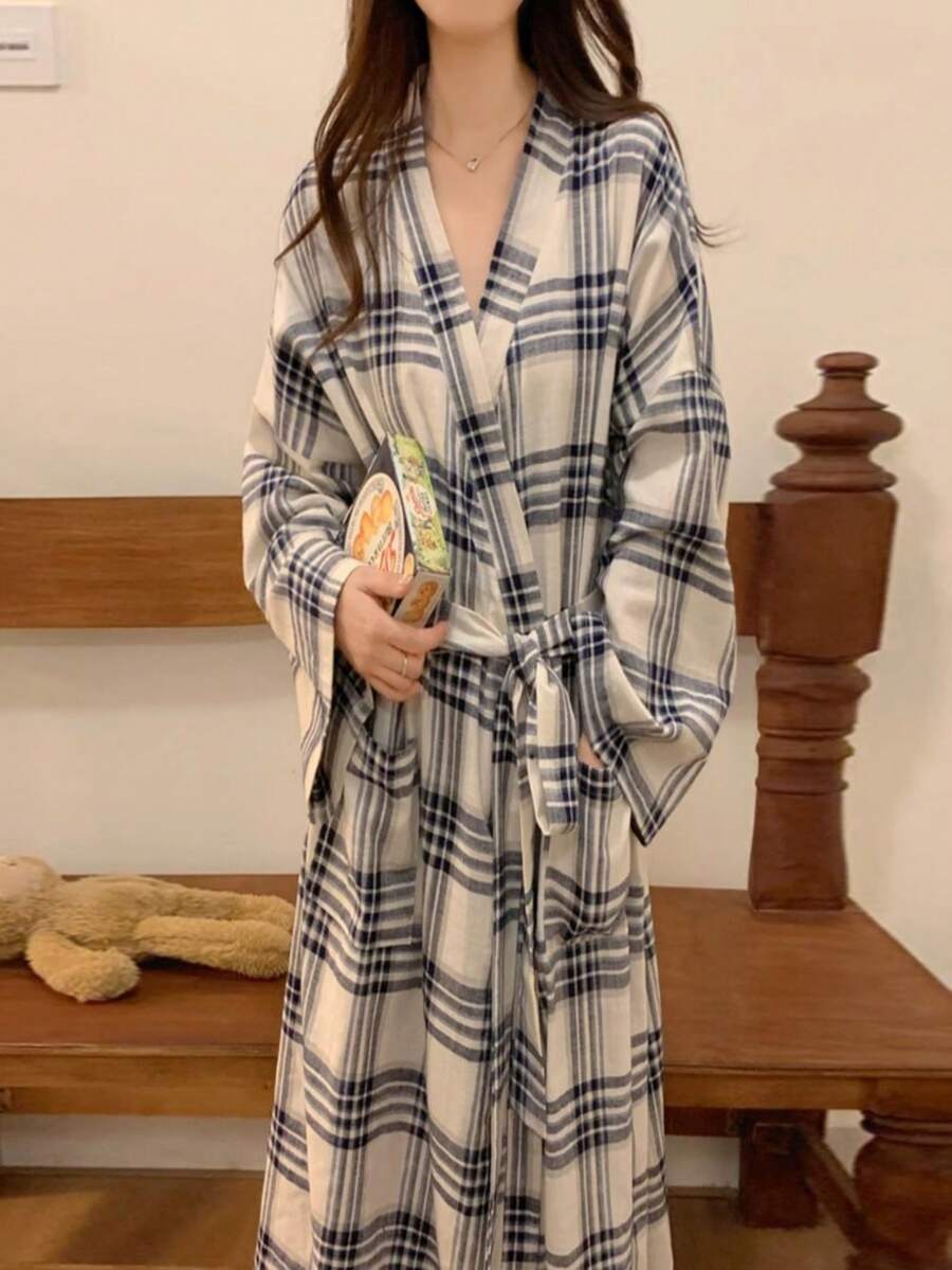 春秋新款女士长款和服浴袍日式ins风长袖纯色简约休闲宽松家居浴袍 - 彩色 - 查看 1