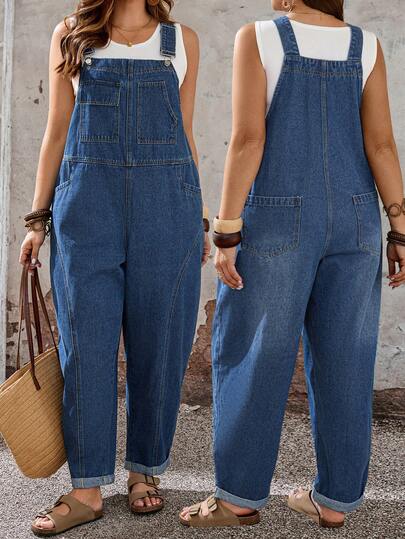 EMERY ROSE Mature Denim Plus Size Women Casual Versatile Everyday Denim Bib Overall Jumpsuit,Plus Size Denim Overalls With Adjustable Straps And Multiple Pockets,Casual Denim Overalls With Patch Pockets And Rolled Cuffs,Loose Fit Denim Overalls With Front Pockets And Seam Details,A Plus Size Dark Wash Denim Overall Featuring Adjustable Straps, Front Patch Pockets, Side Pockets, And Rolled Cuffs. A Relaxed, One-And-Done Outfit Perfect For Everyday Wear,AdjustableStraps, MultiplePockets, DarkWashDenim, RolledCuffs, LooseFit, EverydayOutfit