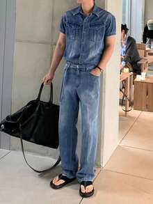 DAZY Men's Washed Blue Denim Short Sleeve Top And Relaxed Fit Pants Set With Belt Design Summer - Blue - View 3
