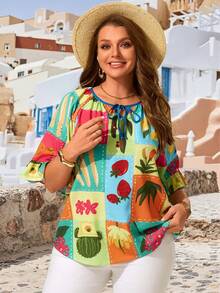 EMERY ROSE Plus Size Women's Summer Beach Vacation Style Patchwork Print Tie Neck Ruffle Sleeve Loose Blouse - Multicolor - View 3