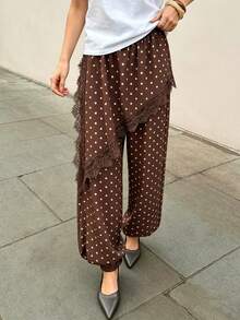 Pariaura Pantalones anchos de mujer con patchwork de encaje y lunares retro - Café integral - Ver 3