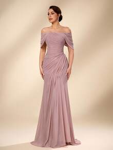 Serin Gaun Maxi Mermaid Model Baru 2026 yang Elegan, Mewah, Berwarna Pink, Berbahan Jala, dengan Lengan Terbuka dan Dekorasi Kerut, Cocok untuk Pernikahan, Acara Formal, Pengantin Wanita dan Ibu Pengantin. - Dusty Pink - View 4