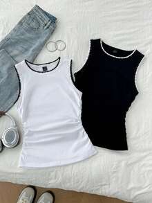 Tseoso 2pcs Women's Crew Neck Tight-Fitting Contrast Color Shell Flower Print Camisole,Summer Top - Multicolor - View 7