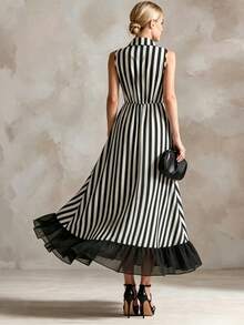 SHEIN Holidaya Đầm voan đen phối sọc kiểu Pháp cổ điển, cổ chữ V sâu, khóa kéo eo, đầm trà thanh lịch cho kỳ nghỉ hè. - Đen và trắng - Xem 2