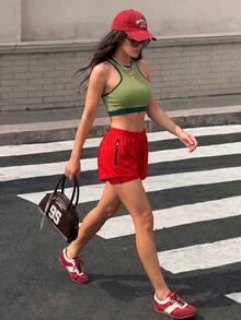 Muchica Women's Zipper Pocket Casual Fitness Sports Shorts Sweater Shorts - Red - View 7