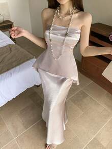 Joudiya Bộ áo quây và chân váy suông bằng vải satin mùa xuân hè, thích hợp cho đám cưới, tiệc tùng, tiệc chiêu đãi, trình diễn thời trang, công sở, thường ngày, kỳ nghỉ, trang phục công sở thanh lịch dành cho nữ. - Xám - Xem 10
