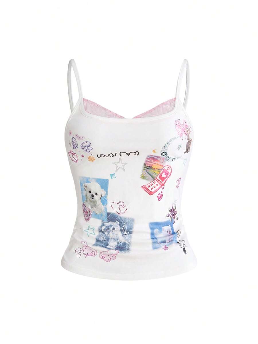 ROMWE Kawaii Women's Cute Girl Funny Print Rhinestone Decor Lace Patchwork Sleeveless Top - White - View 1