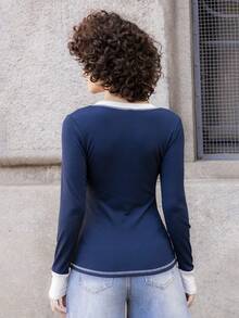 Xuxu's by Gio Women Casual Colorblock Half-Button T-Shirt - Navy Blue - View 6