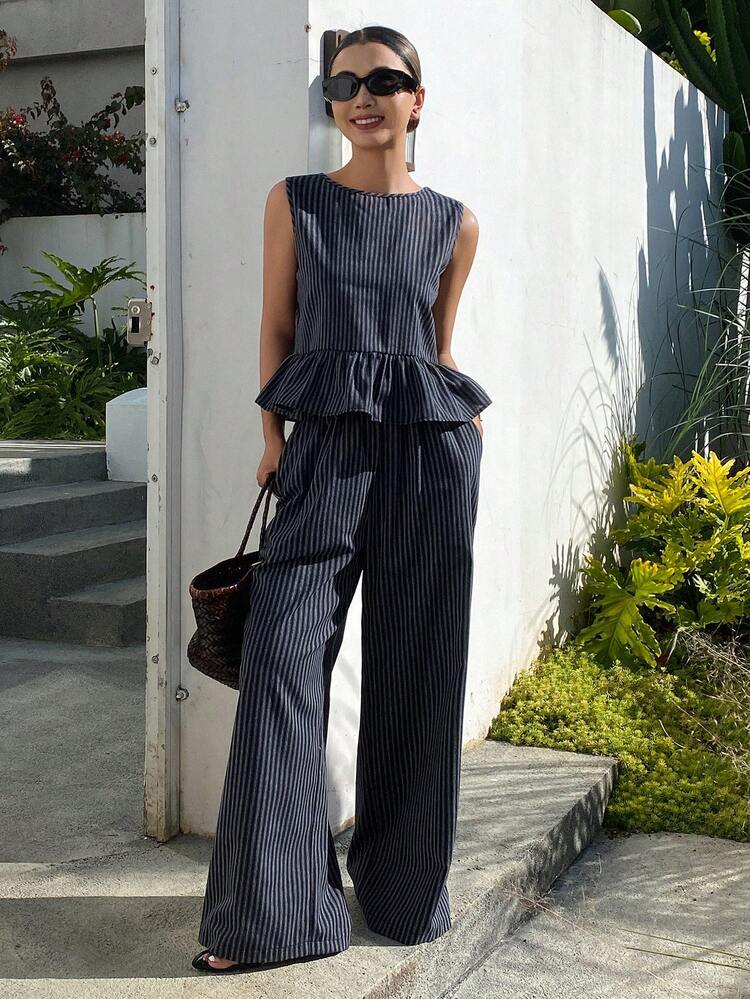 Women's Round Neck Cinched Waist Striped Tank Top And Loose Straight Leg Pants 2 Pieces Vacation Set Summer