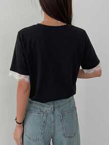 DAZY 女款圓領蕾絲拼接袖口寬鬆套頭休閒優雅T恤夏季商務休閒女裝 - 黑色 - 查看 3
