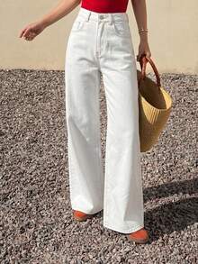 DAZY Quần jeans nữ thường ngày có túi và nút - trắng - Xem 1