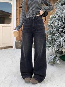 DAZY Jeans holgados con bolsillos y efecto desgastado para mujer - Negro - Ver 2