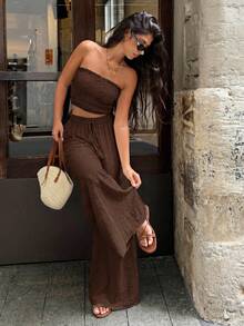 Serisse Women's Summer Casual Vacation Simple Solid Color Tube Top And Drawstring Waist Wide Leg Long Pants 2-Piece Set,Summer Outfits For Women - Coffee Brown - View 3