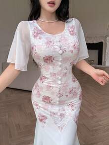 Modelyn Summer Elegant Sexy Lace Chiffon Print Fitted Fishtail Dress Wedding Golf Holiday Boda White - Multicolor - View 6